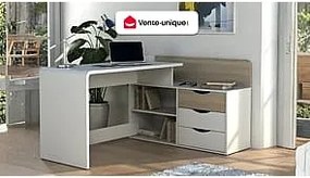 Biurko narożne DECLAN II – MDF – 3 szuflady i 2 wnęki – kolor: biały i dębowy