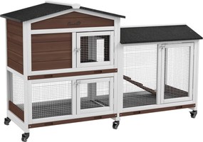 PawHut Domek dla małych zwierząt na kółkach, domek dla królików miniaturowych, wybieg, dach bitumiczny, domek dla małych zwierząt, wybieg dla królików miniaturowych, drewno, stal, brązowy | Aosom PL