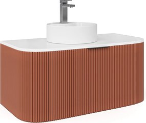 Wisząca szafka łazienkowa prążkowana z nablatową umywalką okrągłą i aterią - Matowa terakota - 100 cm - LOMERI