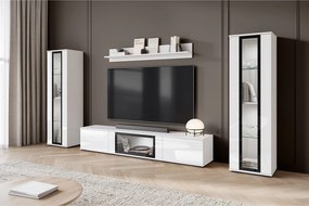 Nowoczesna meblościanka do salonu z LED 2 witryny i szafka RTV 180 cm korpus biały mat fronty biały połysk