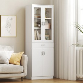 HOMCOM Szafka kuchenna wysoka kredens biały z szufladą regulowaną półką i szklanymi drzwiami 60x35x180 cm | Aosom PL