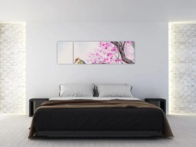 Obraz - ptak na drzewie z różowymi kwiatami (170x50 cm)