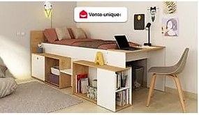 Łóżko piętrowe 90 x 200 cm z biurkiem i schowkami - Biały i naturalny + Stelaż - PALOMA
