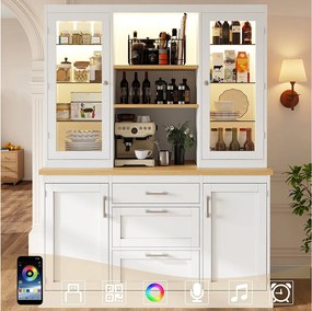 Wysoka komoda kuchenna - 140 x 40 x 185 cm - z 3 szufladami + 2 drzwiami do przechowywania + diodami LED + półkami - MDF - biała