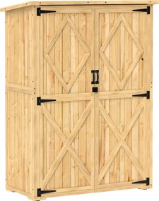 Outsunny Szafa Ogrodowa na Narzędzia, Drewniany Schowek z Dachem z Asfaltu, Podwójnymi Drzwiami, Świerk, Jasnobrązowy
