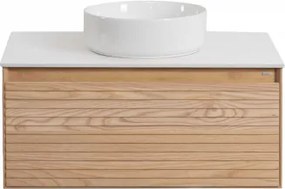 Zestaw Wiszących Mebli Łazienkowych Z Drewna Jesionowego Tedrik Popielaty Brąz & Okrągły Ceramiczny Biały Ø40 Cm - Sklum