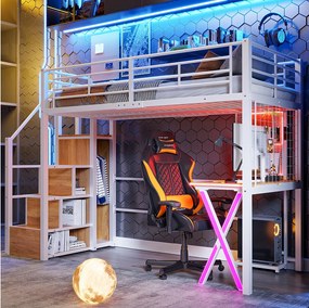 Łóżko antresola 90 x 200 cm z biurkiem, szafą, półkami - Oświetlenie ambientowe - Metal - Białe (bez materaca)