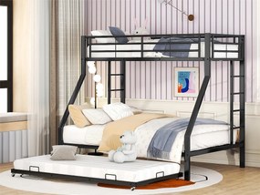Łóżko piętrowe 4-osobowe wysuwane - 140 x 200 cm + 2 x 90 x 200 cm - metalowe - stelaż listwowy - czarne