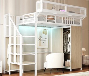 Łóżko na antresoli z metalu 90x200cm - z szafą - z drabiną bezpieczeństwa - z oświetleniem LED - biały (Materac nie jest wliczony w cenę)