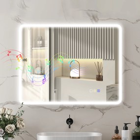 HOMCOM Lustro łazienkowe LED Bluetooth 70x90 cm podświetlane antypara głośnik 3 kolory światła dotykowe ścienne prostokątne | Aosom PL