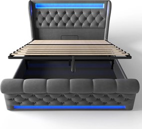 Łóżko z pojemnikiem 140x200 cm, szary aksamit, łóżko dla dorosłych z oświetleniem LED i portami USB – bez materaca