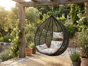 Czarne wiszące krzesło KOKON bez stojaka, beżowa poduszka