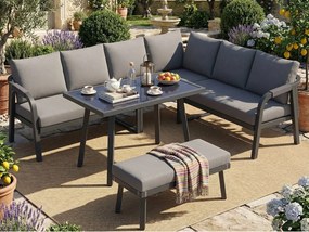 Salon Ogrodowy XL 8 Osób - Zestaw Jadalniany Narożny ze Stojącym Stołem i Ławką - Wykończenie z Plecionego Sznurka - Wytrzymała Stal Ocynkowana - Szary