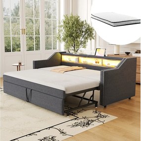 Rozkładana sofa rozkładana - 90/180 x 190 cm - z półkami do przechowywania + diody LED + USB - len + płyta MDF - ciemnoszara (z 2 materacami)