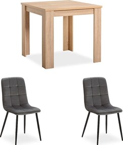 Stół jadalniany 80x80x75 cm naturalny dąb Sonoma Stół do jadalni z 2 szarymi aksamitnymi krzesłami