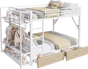 Łóżko piętrowe dla dzieci - 2 x 140 x 200 cm - rama żeliwna - z 2 szufladami + półki + diody LED - metalowe - białe