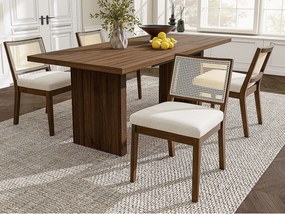 Zestaw 4 krzeseł z litego drewna - Oparcia z rattanu - Poduszki siedziskowe z lnu - Kolor orzechowy