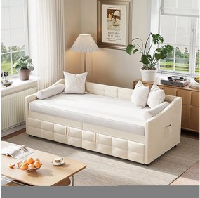 Rozkładana sofa 90×200 cm z beżowego aksamitu, rozszerzalna do 180×200 cm, z hydraulicznym mechanizmem i stelażem drewniano-metalowym.