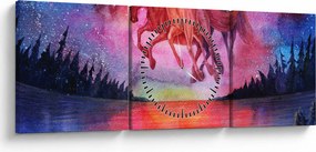 Obraz - Pojawienie się kosmicznych koni nad jeziorem, akwarela (z zegarem) (90x30 cm)