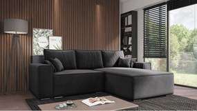 Emporius Lora narożnik rozkładany - narożnik z funkcją spania i pojemnikiem - nowoczesny styl, prawostronny, tkanina aksamitna, czarny (Amor Velvet 4322)