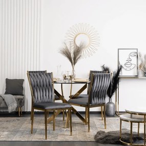 Zestaw Stół Okrągły SALLO 100 cm i 4 Krzesła Tapicerowane Plecione DAN Szare Glamour