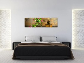 Obraz - tulipany, młynek i kawa (170x50 cm)