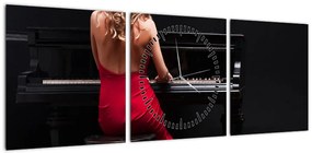 Obraz kobiety grającej na pianinie (z zegarem) (90x30 cm)