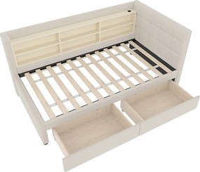 Łóżko pojedyncze 90 x 200 cm - Sofa rozkładana z 2 szufladami i ładowarką USB - dużo miejsca do przechowywania - beżowa pościel - materac nie jest wliczony w cenę