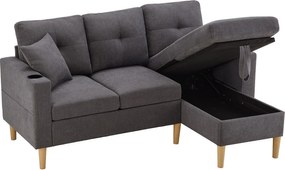 Ciemnoszara sofa 3-osobowa – narożnik z 2 poduszkami i uchwytem na kubek – kieszenie boczne i schowek – bawełna i len