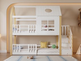 Łóżko piętrowe z drewna sosnowego i MDF - z schodami do przechowywania - 90x200 cm - Białe i Naturalne