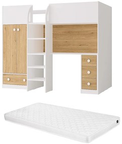 Łóżko antresola 90 x 190 cm z szafą i biurkiem - Biały i naturalny + Materac - CINAMO