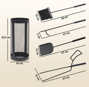 Outsunny Zestaw do Kominka, 5-częściowy, Miotła, Łopatka, Szczypce, Pogrzebacz i Kosz, Metal Odporny na Ogień, Czarny