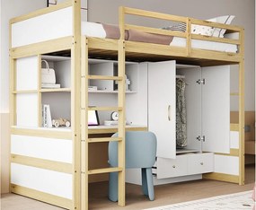 Łóżko na poddaszu 90x200 cm - z drabiną - z biurkiem - z szafą - 2 szuflady - kolor naturalny (materac nie jest w zestawie)