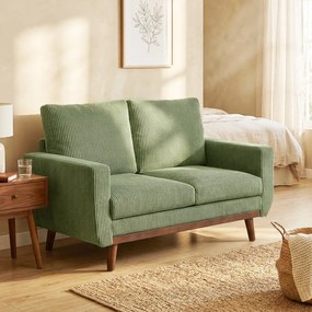 HOMCOM 2-osobowa sofa, 134 cm, sztruksowa kanapa z kieszeniowymi sprężynami, grubym oparciem, drewnianymi akcentami, zielona | Aosom PL