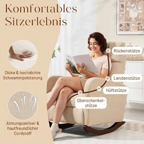 HOMCOM Fotel bujany, tapicerowany fotel bujany ze sztruksu, boczne kieszenie do salonu, sypialni, beżowy | Aosom PL