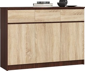 Komoda AKORD K140 Wenge 138 cm 3 drzwi 3 szuflady kolor Dąb Sonoma mat 6 półek 138x40x99 cm