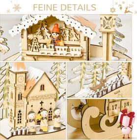 Kalendarz świąteczny w kształcie sań, 24 szufladki z oświetleniem LED, MDF | Aosom PL