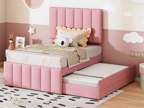 Łóżko wysuwane 90 x 190/200 cm z 3 szufladami - tkanina lniana - stelaż listwowy - różowe