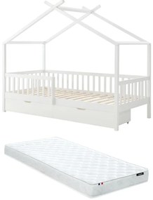 Łóżko domek 90 x 190 cm z szufladami - Drewno sosnowe i MDF - Biały + Materac - KIRALIO