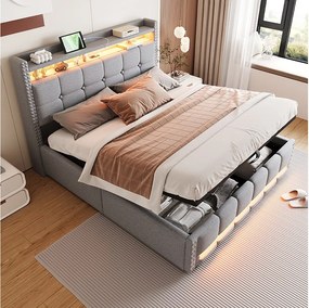 Łóżko 160x200 cm z pojemnikiem - Łóżko dla dorosłych Łóżko z oświetleniem LED i portem USB - Zagłówek z półkami i schowkiem - Jasnoszary len