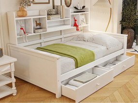 Rozkładana sofa 90x200 - z 2 szufladami - z półkami - z stelażem lamelowym - biały​ (materac nie jest wliczony w cenę)