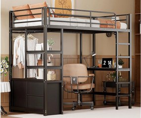 Łóżko mezzanine 90x200cm z metalu - z biurkiem + gniazdami USB + barierkami - Czarny