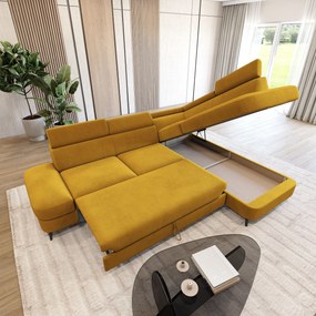 Masseno Narożnik AVISE z funkcją spania i pojemnikiem na pościel Narozniki L, Rozkładana sofa - Żółty, MATT VELVET 48