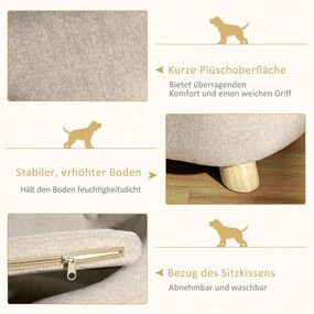 PawHut Sofa dla psa z poduszką, plusz, drewno sosnowe, beżowo-jasna szarość, 70x47x30cm | Aosom PL