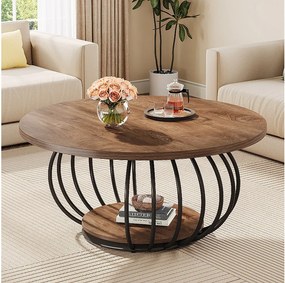 Okrągły stolik kawowy do salonu, 100 cm, industrialny, drewniany, 2-poziomowy stolik koktajlowy z półką do przechowywania