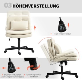 HOMCOM Fotel biurowy bez podłokietników z pokryciem ze sztucznej skóry, fotel biurowy z kółkami, dodatkowa poduszka, regulowany, obrotowy, beżowy