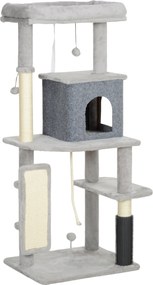 PawHut 132 cm Drapak dla Kotów z Słupkami do Drapania, Łóżkiem, Domkiem, Platformami do Skakania, Szczotką do Pielęgnacji, Jasnoszary