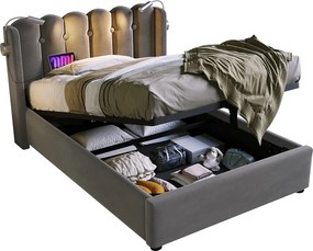 Łóżko ze schowkiem i zagłówkiem - 90 x 200 cm - lampka do czytania i port USB - tkanina lniana - kolor szary + Materac