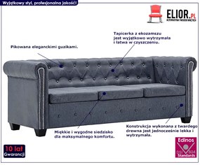 Trzyosobowa sofa Charlotte 3Q w stylu Chesterfield - szara