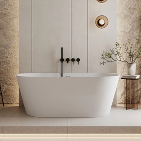 Wanna wolnostojąca przyścienna  z konglomeratu biała matowa/błyszcząca 160 x 75 cm WALL White Matt / Glow przelew typu SLIM : Kolor wanny - Biały matowy